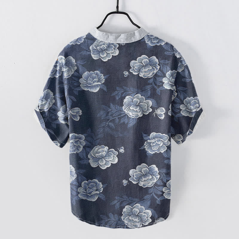 Buddha Stones Camisa de manga corta con medio botón y estampado vintage de peonías para hombre, de algodón. - image 1