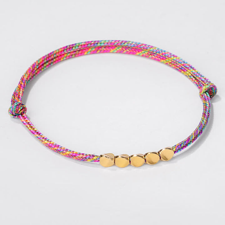 Buddha Stones Pulsera de la suerte con hilo trenzado multicolor arcoíris y cuentas de cobre dorado - Cuerda (circunferencia de la muñeca: 15-28 cm) - image 0