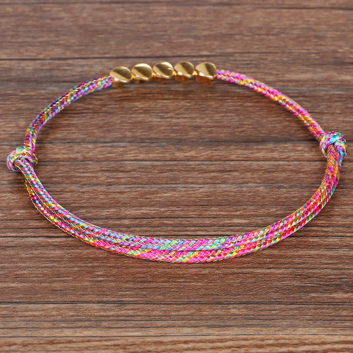 Buddha Stones Pulsera de la suerte con hilo trenzado multicolor arcoíris y cuentas de cobre dorado - image 3