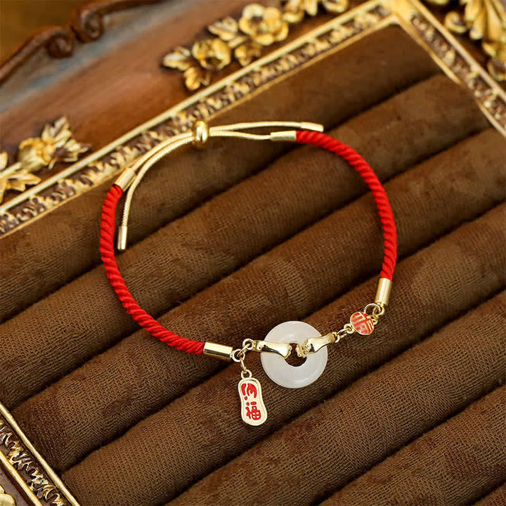 Buddha Stones Pulsera de bendición trenzada con personaje de cuerda roja y jade blanco - Jade blanco - image 0