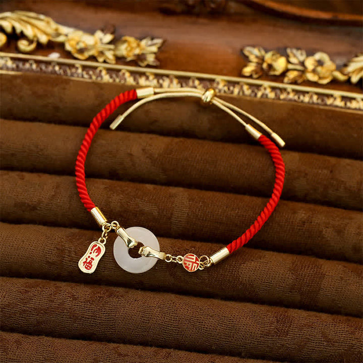 Buddha Stones Pulsera de bendición trenzada con personaje de cuerda roja y jade blanco - image 1