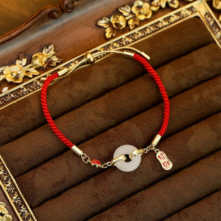 Buddha Stones Pulsera de bendición trenzada con personaje de cuerda roja y jade blanco - image 3