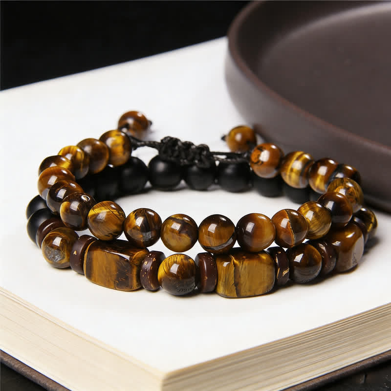 Buddha Stones Pulsera de fuerza cuadrada de doble vuelta con cuentas de hematita ojo de tigre (2 piezas) - image 8