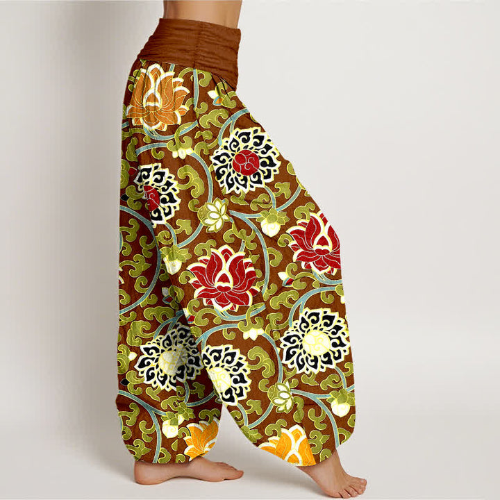 Buddha Stones Pantalones harem de mujer con cintura elástica y estampado bohemio de enredadera de loto, de algodón puro. - image 7