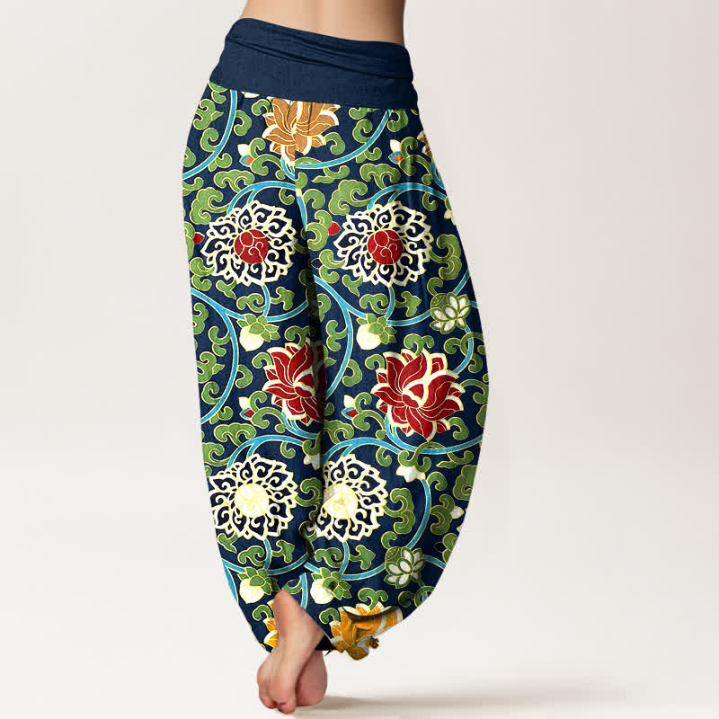 Buddha Stones Pantalones harem de mujer con cintura elástica y estampado bohemio de enredadera de loto, de algodón puro. - image 9