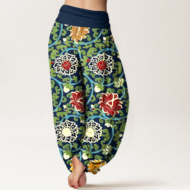 Buddha Stones Pantalones harem de mujer con cintura elástica y estampado bohemio de enredadera de loto, de algodón puro. - image 9