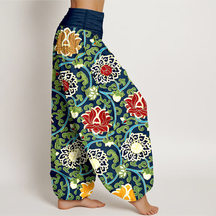 Buddha Stones Pantalones harem de mujer con cintura elástica y estampado bohemio de enredadera de loto, de algodón puro. - image 10