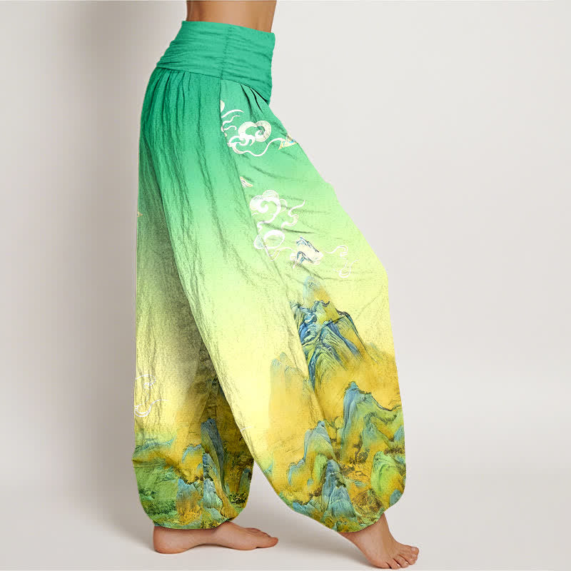 Buddha Stones Pantalones harem de mujer con cintura elástica y estampado degradado de montaña, de algodón puro con efecto lavado a la tinta. - image 7
