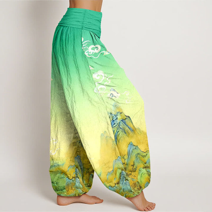 Buddha Stones Pantalones harem de mujer con cintura elástica y estampado degradado de montaña, de algodón puro con efecto lavado a la tinta. - image 7
