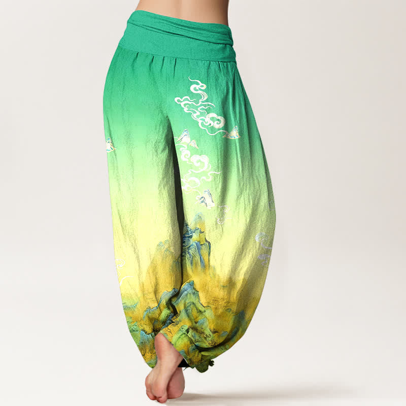 Buddha Stones Pantalones harem de mujer con cintura elástica y estampado degradado de montaña, de algodón puro con efecto lavado a la tinta. - image 6