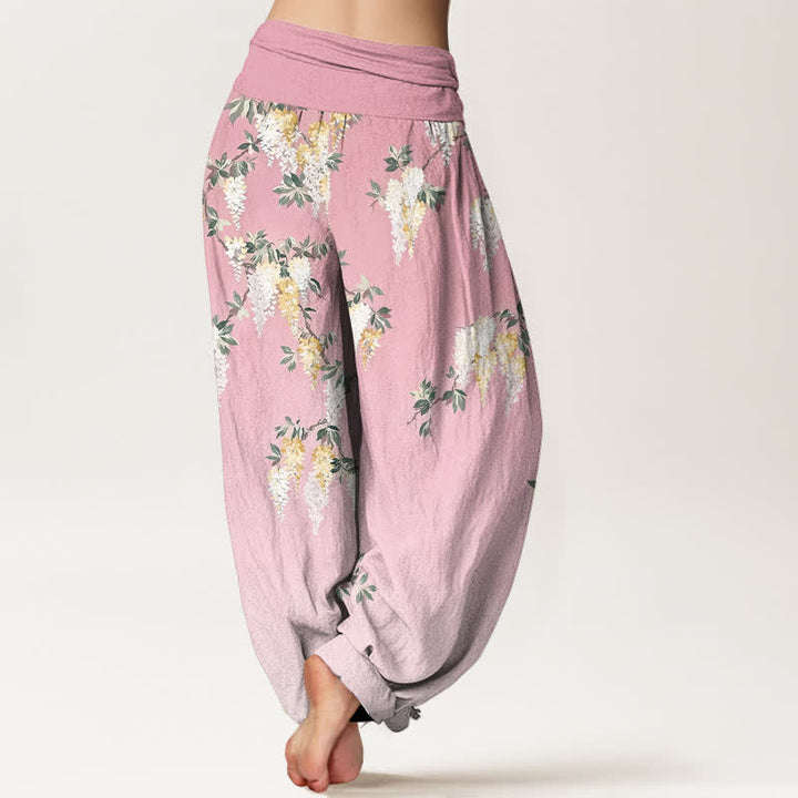 Buddha Stones Pantalones harem de mujer de algodón puro con estampado de flores blancas y amarillas y cintura elástica. - image 6