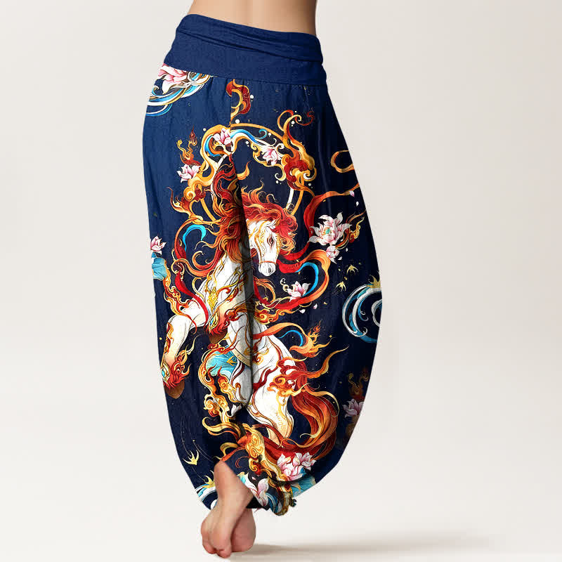 Buddha Stones Pantalones harem de mujer con cintura elástica y estampado de llamas de fénix mítico, de algodón puro. - image 6