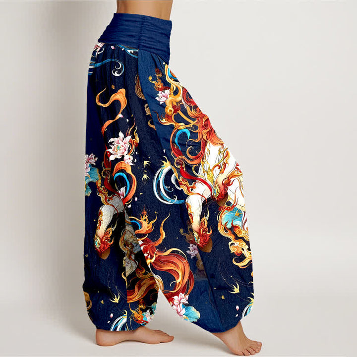Buddha Stones Pantalones harem de mujer con cintura elástica y estampado de llamas de fénix mítico, de algodón puro. - image 7