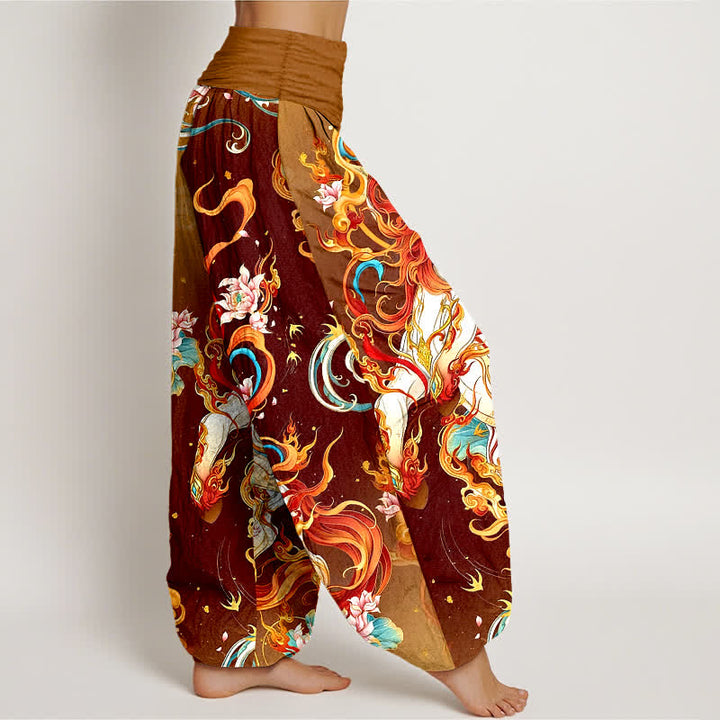 Buddha Stones Pantalones harem de mujer con cintura elástica y estampado de llamas de fénix mítico, de algodón puro. - image 10