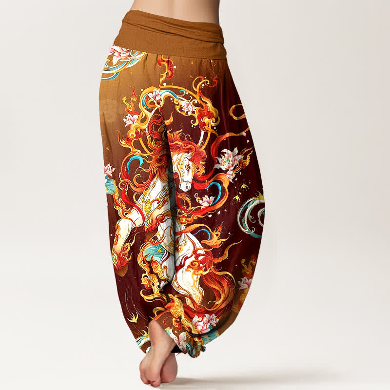 Buddha Stones Pantalones harem de mujer con cintura elástica y estampado de llamas de fénix mítico, de algodón puro. - image 9