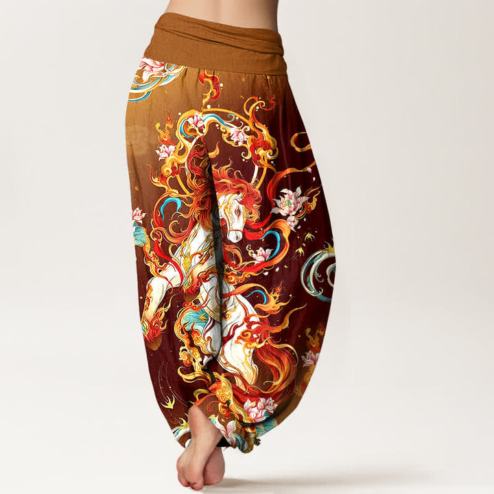 Buddha Stones Pantalones harem de mujer con cintura elástica y estampado de llamas de fénix mítico, de algodón puro. - image 9