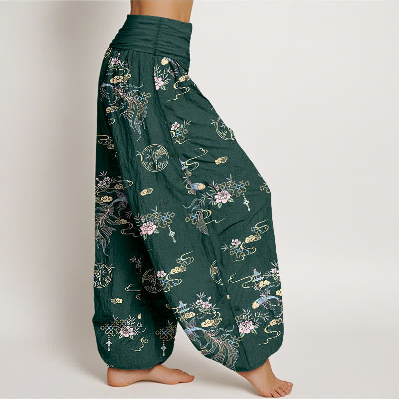 Buddha Stones Pantalones harem de mujer con cintura elástica y estampado floral oriental de algodón puro. - image 7