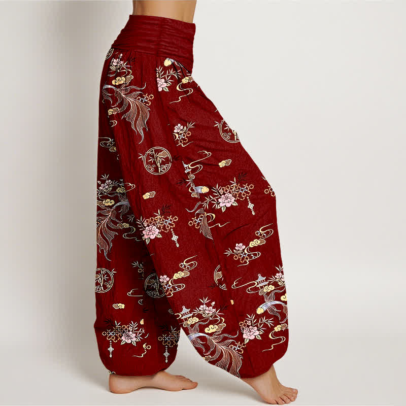 Buddha Stones Pantalones harem de mujer con cintura elástica y estampado floral oriental de algodón puro. - image 10