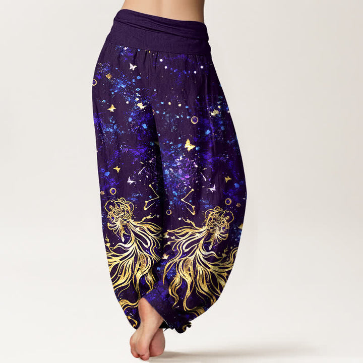 Buddha Stones Pantalones harem de algodón puro con estampado de mariposas y galaxia celestial para mujer, con cintura elástica. - image 9