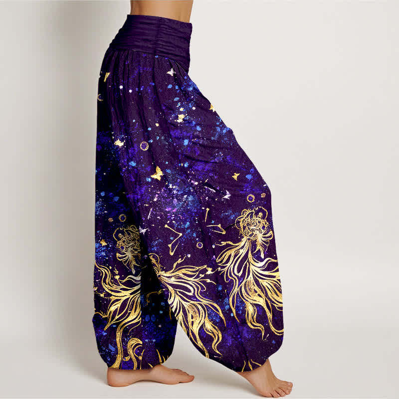 Buddha Stones Pantalones harem de algodón puro con estampado de mariposas y galaxia celestial para mujer, con cintura elástica. - image 10