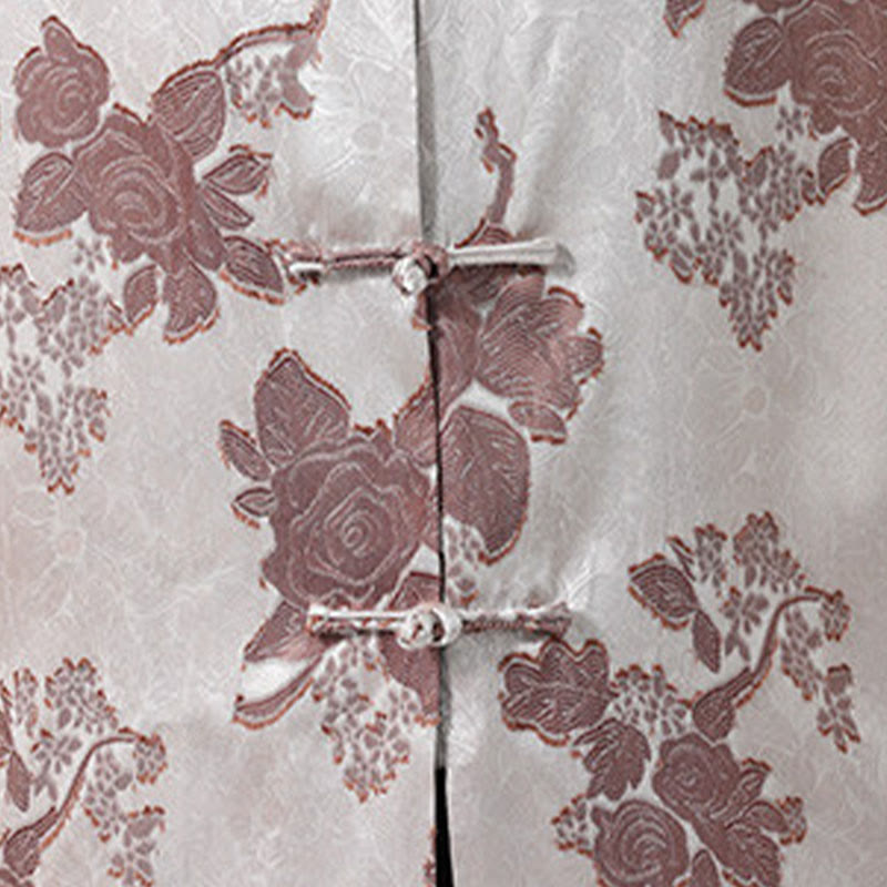 Buddha Stones Camisa de manga tres cuartos para hombre, estilo Summer Tang, con cuello mandarín, botones de rana y estampado floral jacquard. - image 9