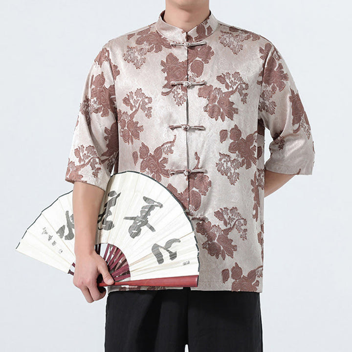Buddha Stones Camisa de manga tres cuartos para hombre, estilo Summer Tang, con cuello mandarín, botones de rana y estampado floral jacquard. - image 2