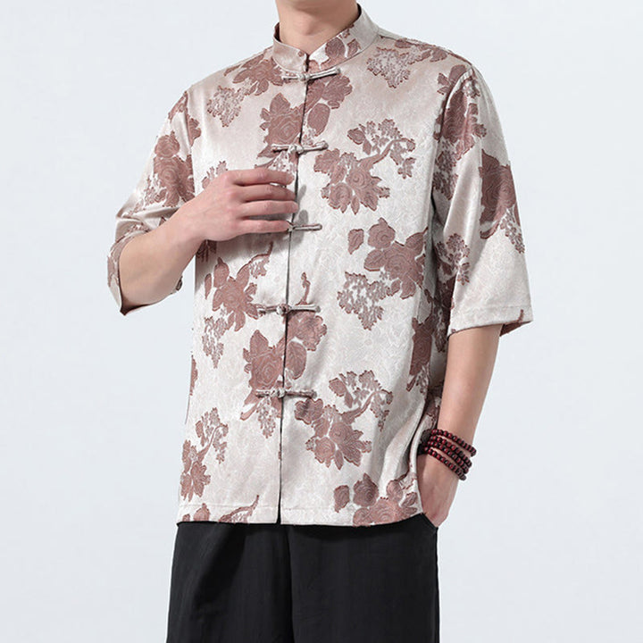 Buddha Stones Camisa de manga tres cuartos para hombre, estilo Summer Tang, con cuello mandarín, botones de rana y estampado floral jacquard. - image 3