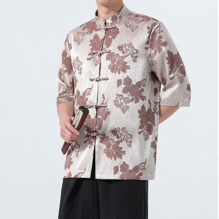 Buddha Stones Camisa de manga tres cuartos para hombre, estilo Summer Tang, con cuello mandarín, botones de rana y estampado floral jacquard. - image 6