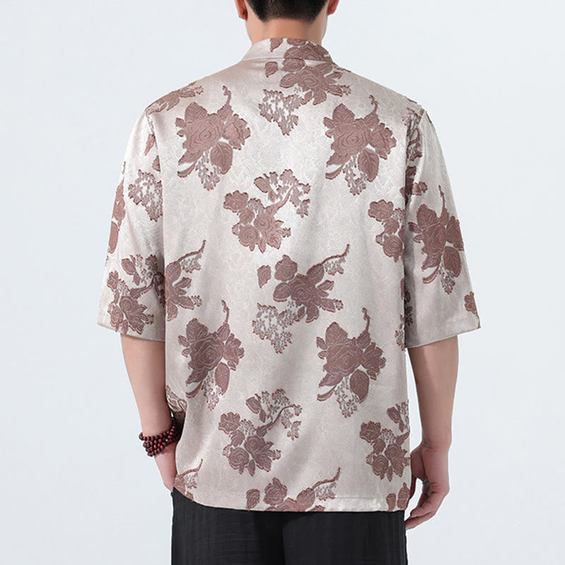 Buddha Stones Camisa de manga tres cuartos para hombre, estilo Summer Tang, con cuello mandarín, botones de rana y estampado floral jacquard. - image 4