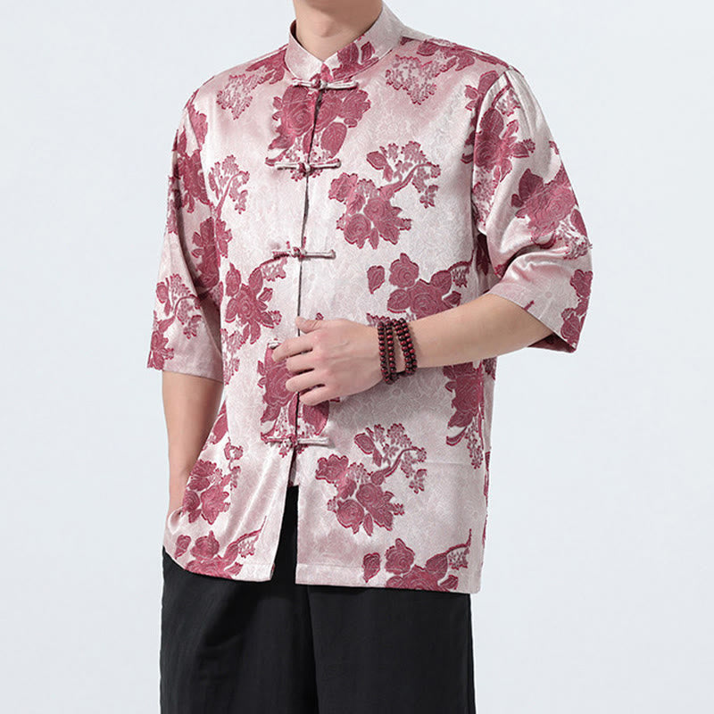 Buddha Stones Camisa de manga tres cuartos para hombre, estilo Summer Tang, con cuello mandarín, botones de rana y estampado floral jacquard. - image 12