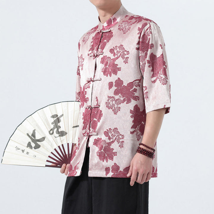 Buddha Stones Camisa de manga tres cuartos para hombre, estilo Summer Tang, con cuello mandarín, botones de rana y estampado floral jacquard. - image 16