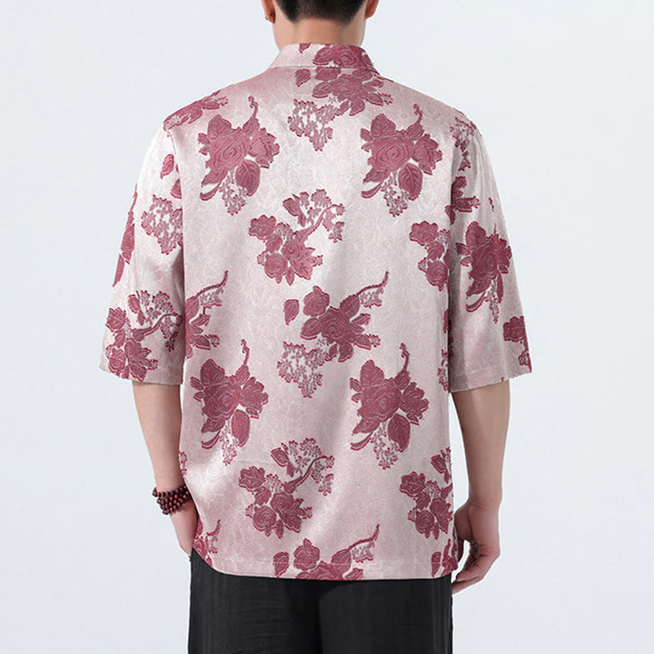 Buddha Stones Camisa de manga tres cuartos para hombre, estilo Summer Tang, con cuello mandarín, botones de rana y estampado floral jacquard. - image 15
