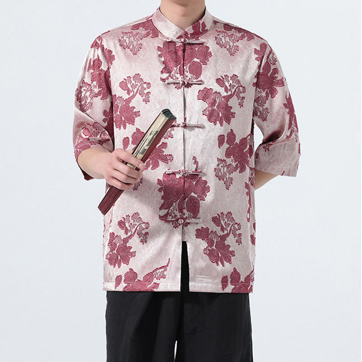 Buddha Stones Camisa de manga tres cuartos para hombre, estilo Summer Tang, con cuello mandarín, botones de rana y estampado floral jacquard. - image 18