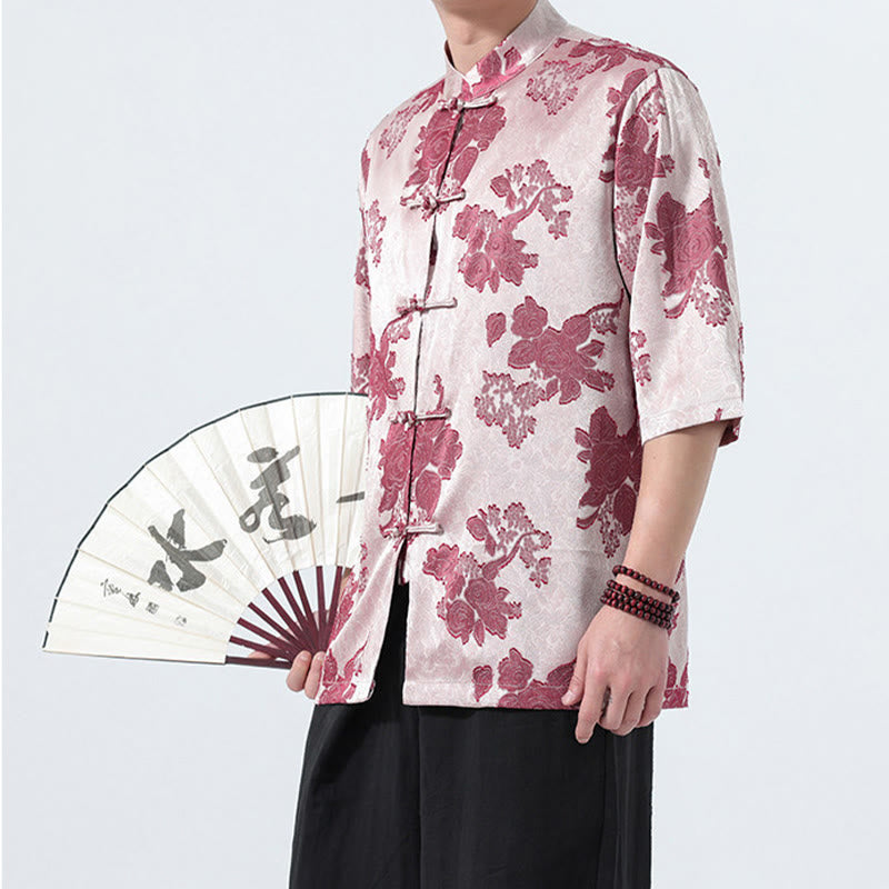Buddha Stones Camisa de manga tres cuartos para hombre, estilo Summer Tang, con cuello mandarín, botones de rana y estampado floral jacquard. - image 19
