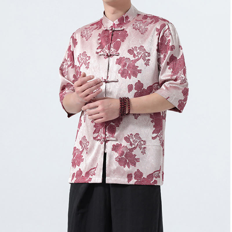 Buddha Stones Camisa de manga tres cuartos para hombre, estilo Summer Tang, con cuello mandarín, botones de rana y estampado floral jacquard. - image 20