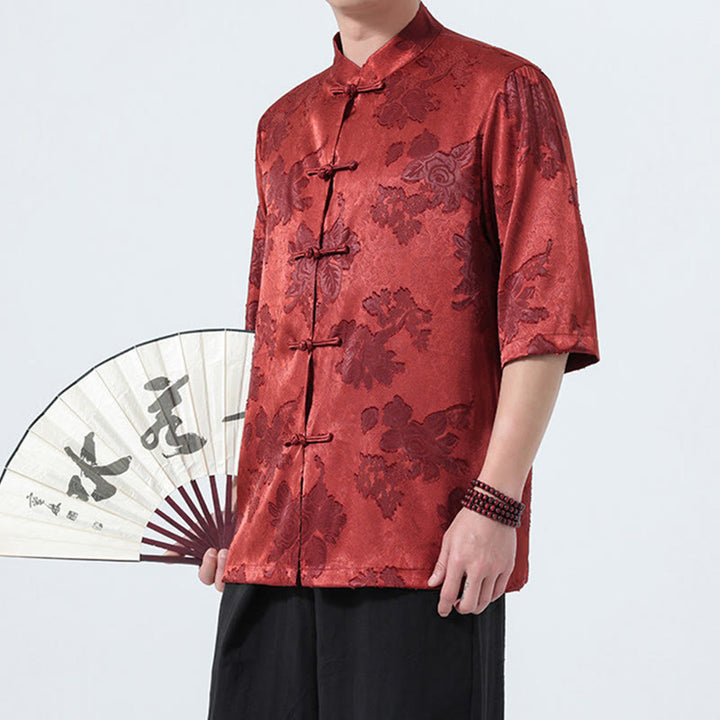 Buddha Stones Camisa de manga tres cuartos para hombre, estilo Summer Tang, con cuello mandarín, botones de rana y estampado floral jacquard. - image 28