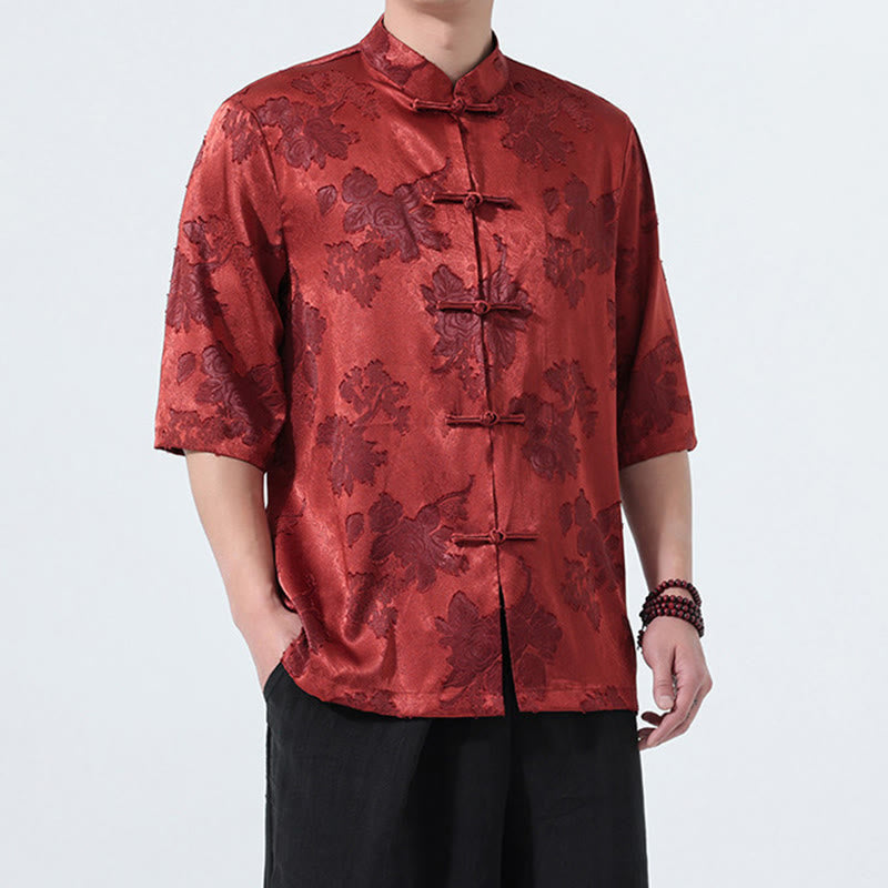 Buddha Stones Camisa de manga tres cuartos para hombre, estilo Summer Tang, con cuello mandarín, botones de rana y estampado floral jacquard. - image 24