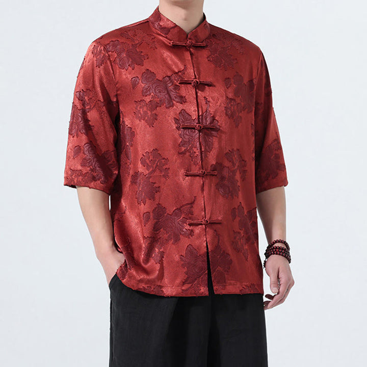 Buddha Stones Camisa de manga tres cuartos para hombre, estilo Summer Tang, con cuello mandarín, botones de rana y estampado floral jacquard. - image 24