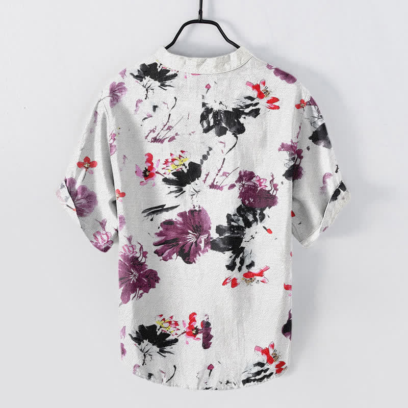 Buddha Stones Camisa de manga corta con medio botón para hombre, de algodón morado con estampado de loto en acuarela. - image 1