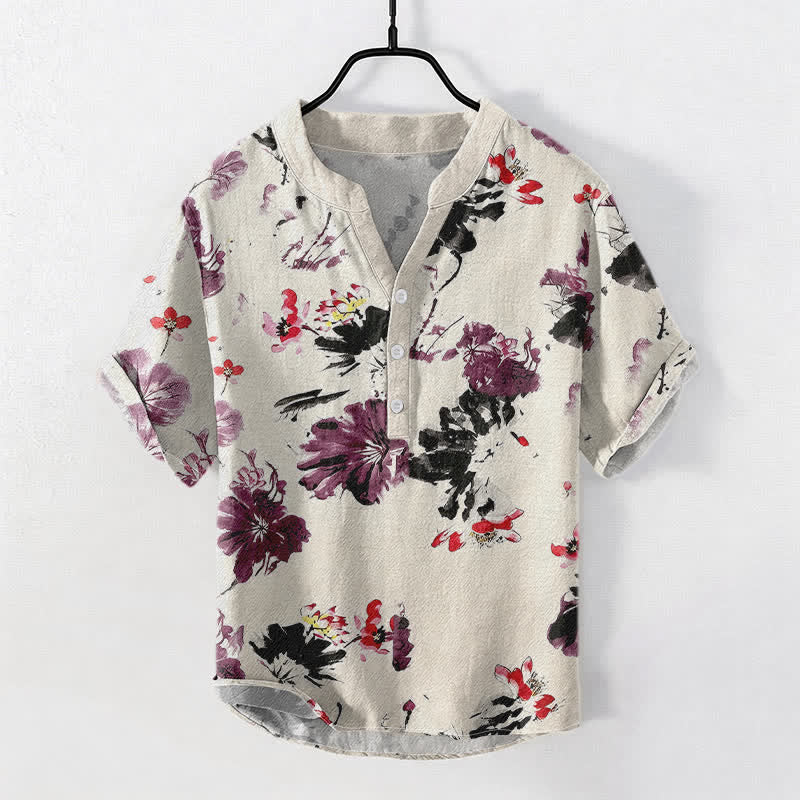 Buddha Stones Camisa de manga corta con medio botón para hombre, de algodón morado con estampado de loto en acuarela. - Lino - US/UK/AU50, EU60 (5XL) - image 3