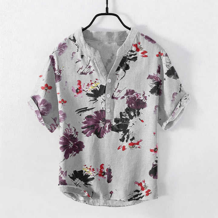 Buddha Stones Camisa de manga corta con medio botón para hombre, de algodón morado con estampado de loto en acuarela. - Gris claro - US/UK/AU50, EU60 (5XL) - image 5
