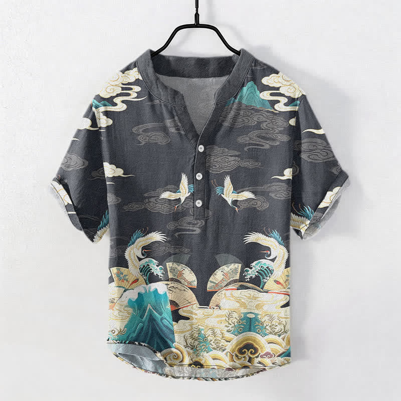 Buddha Stones Camisa de manga corta con medio botón para hombre, de algodón, con estampado de nubes y grullas. - Gris oscuro - US/UK/AU50, EU60 (5XL) - image 0