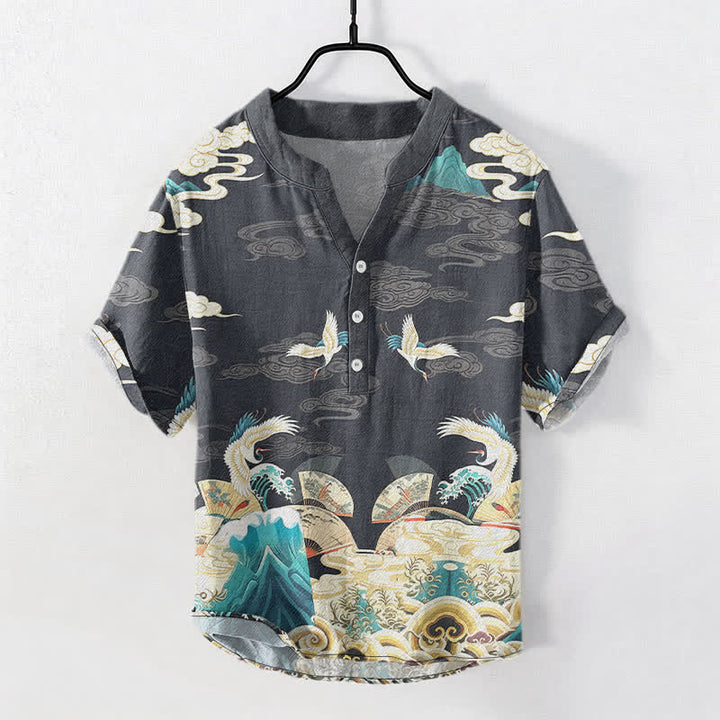Buddha Stones Camisa de manga corta con medio botón para hombre, de algodón, con estampado de nubes y grullas. - Gris oscuro - US/UK/AU50, EU60 (5XL) - image 0