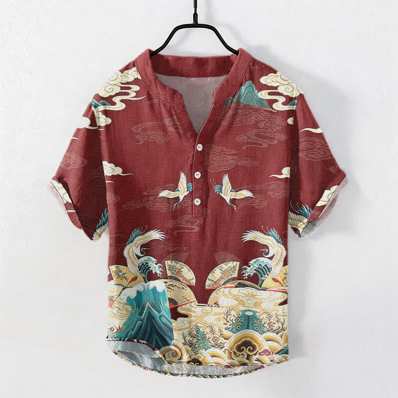 Buddha Stones Camisa de manga corta con medio botón para hombre, de algodón, con estampado de nubes y grullas. - Granate - US/UK/AU50, EU60 (5XL) - image 7