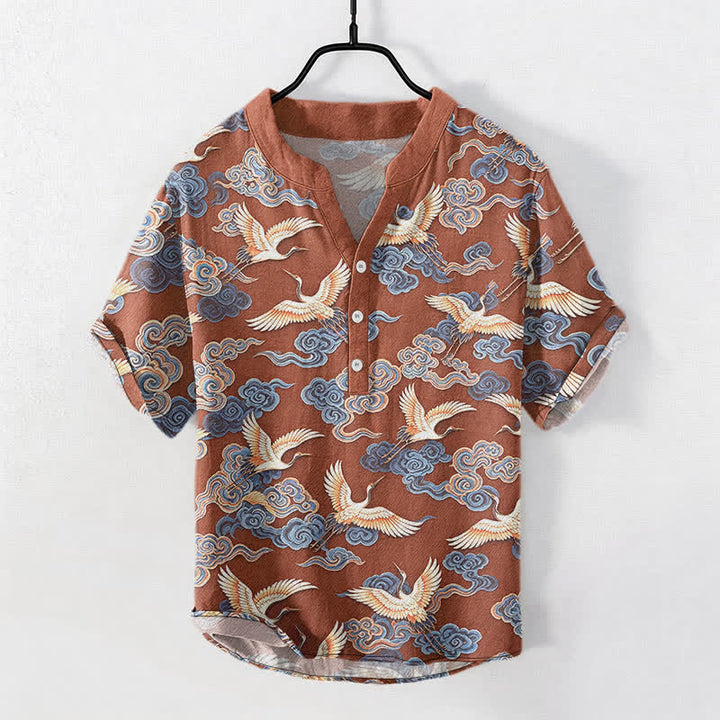 Buddha Stones Camisa de manga corta con medio botón para hombre, de algodón, con estampado de grulla oriental y nubes. - Tierra de siena - US/UK/AU50, EU60 (5XL) - image 7