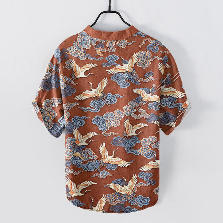 Buddha Stones Camisa de manga corta con medio botón para hombre, de algodón, con estampado de grulla oriental y nubes. - image 8
