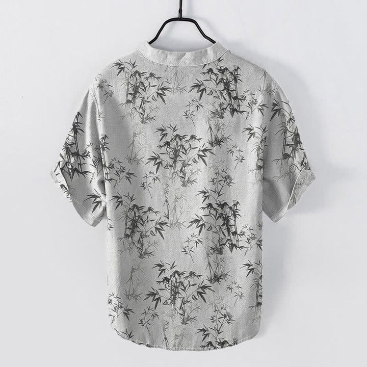 Buddha Stones Camisa de manga corta con medio botón y estampado de hojas de bambú de algodón para hombre - image 1