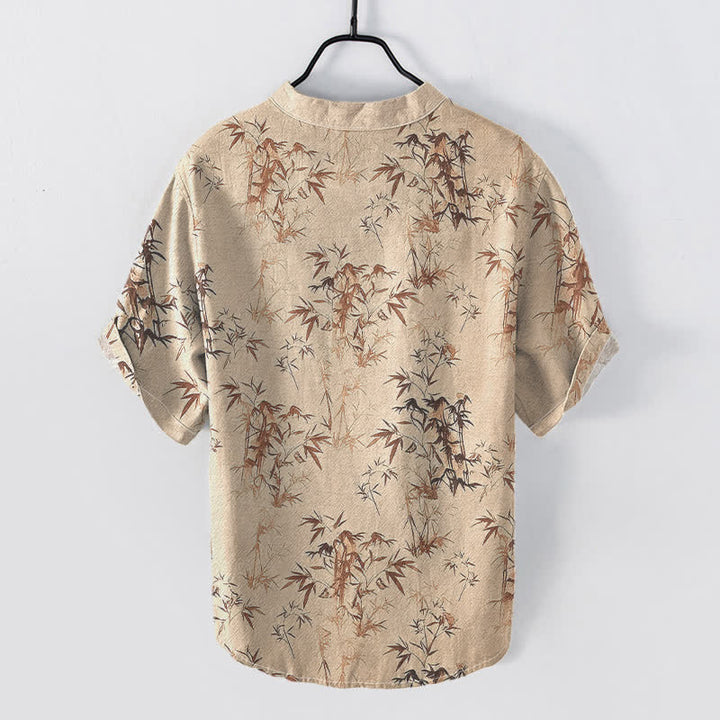 Buddha Stones Camisa de manga corta con medio botón y estampado de hojas de bambú de algodón para hombre - image 4