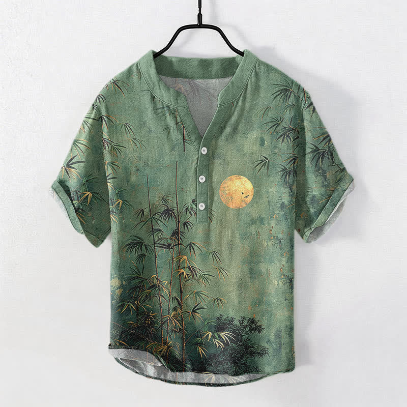 Buddha Stones Camisa de manga corta con medio botón para hombre, de algodón, con estampado de bambú y luna dorada. - Verdemar - US/UK/AU50, EU60 (5XL) - image 0