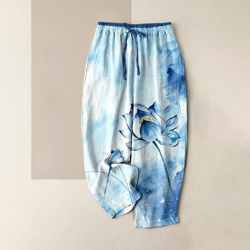 Buddha Stones Pantalones de mujer de algodón puro con estampado de loto en acuarela, cintura elástica y bolsillos. - Azul claro - US16，UK/AU20，EU48 (3XL) - image 0